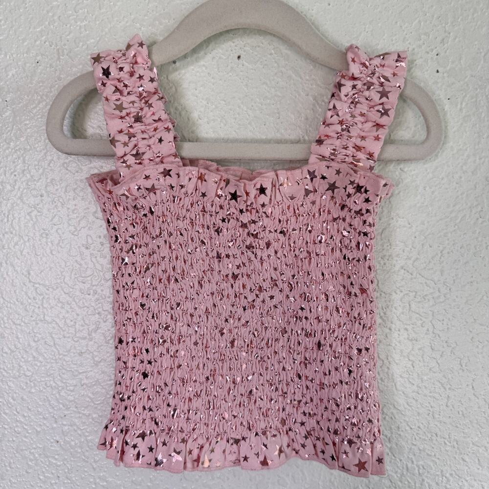 Queen of Sparkles Top Girls Medium Smocked Metallic Star Tank Light Pink Kids